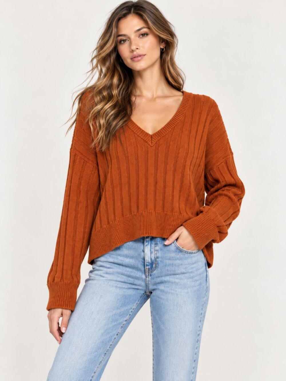 MINKPINK Oversized Ribbed Knit V Neck Sweater Rust Orange  Size S